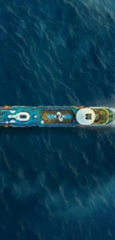 Aerial view of a cruise ship amidst vast blue ocean waters.