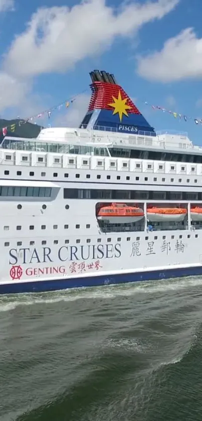 Cruise ship sailing on ocean under blue sky.