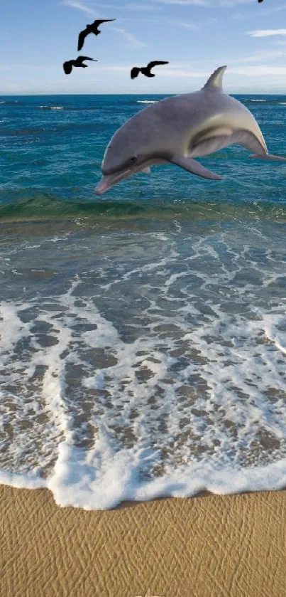 Dolphin leaping over waves on a sandy beach with seagulls in the sky.