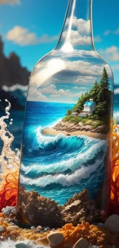 Breathtaking ocean scene in a bottle with vibrant waves and blue skies.