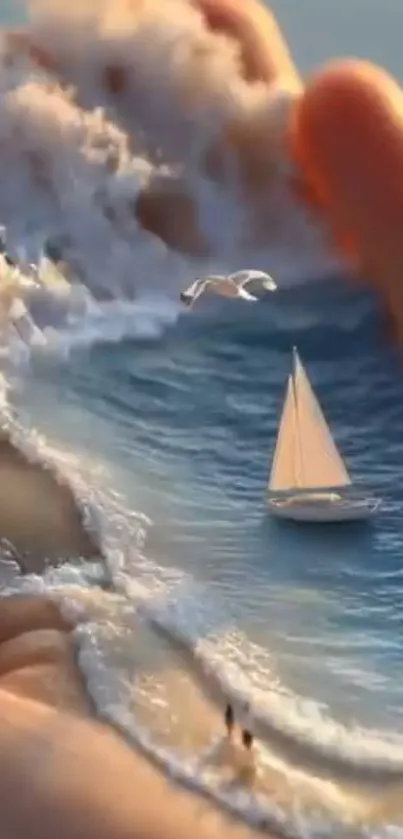 A surreal ocean scene held in hands with a sailboat and waves.