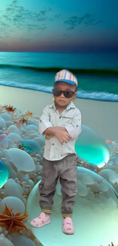 Child standing on a magical beach with glass orbs and ocean view.