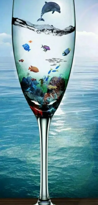 Surreal dolphin and ocean life in a wine glass on a mobile wallpaper.