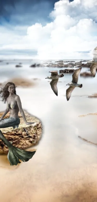 Ocean fantasy wallpaper with mermaid and seagulls.