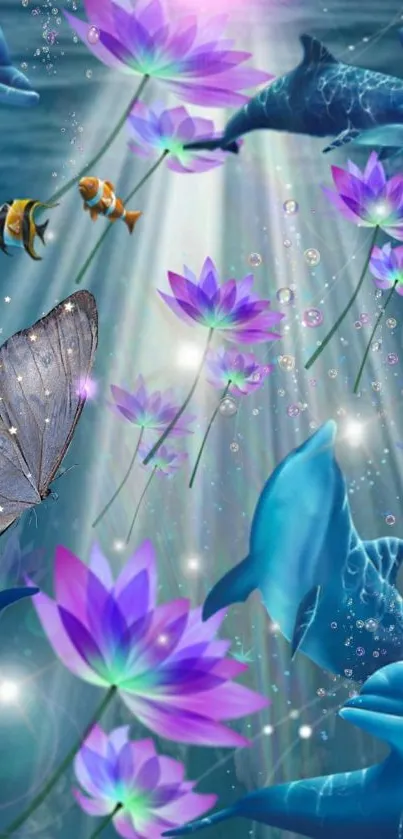 Fantasy ocean wallpaper with dolphins and flowers.