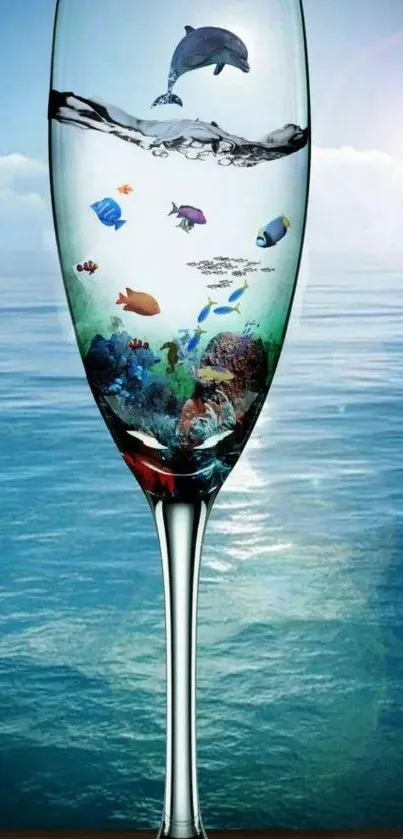 Fantasy ocean scene in a glass on a smartphone wallpaper.