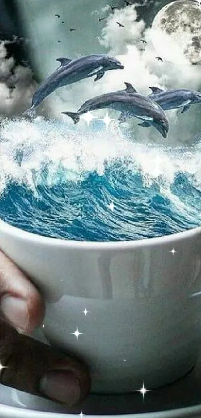 Surreal art with dolphins jumping from a coffee cup ocean under a moonlit sky.