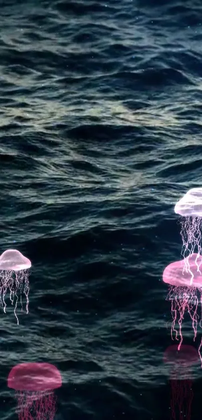 Dreamy ocean scene with pink jellyfish glowing in deep blue water.