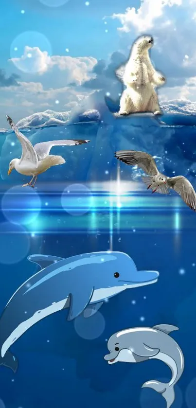 Fantasy wallpaper with ocean life, dolphins, polar bear, and seagulls.