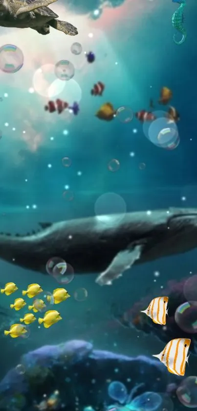 Vibrant underwater ocean life wallpaper with whales, turtles, and fish.