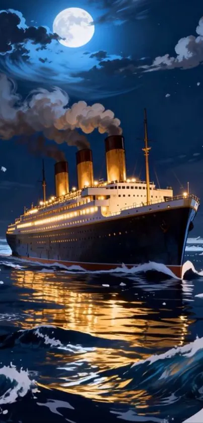 Ocean liner sailing under the moonlit sky with icebergs nearby.