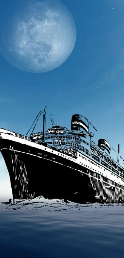 Ocean liner silhouetted against a moonlit sky.