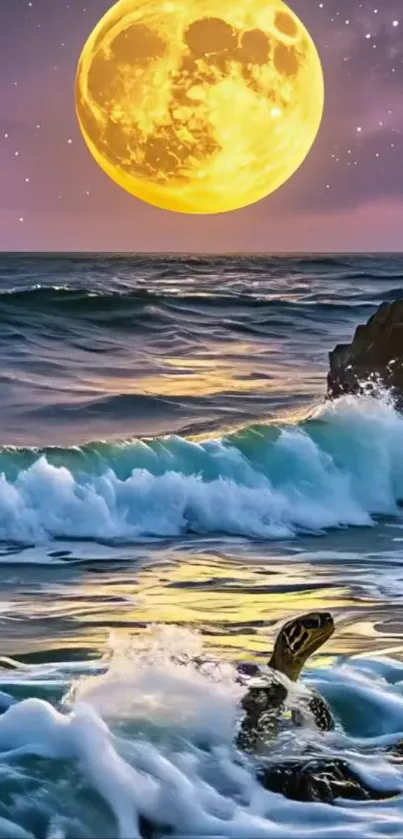 Turtle surfacing under a full moon with ocean waves crashing.