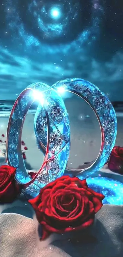 Glowing rings with red roses on a starry ocean beach background.