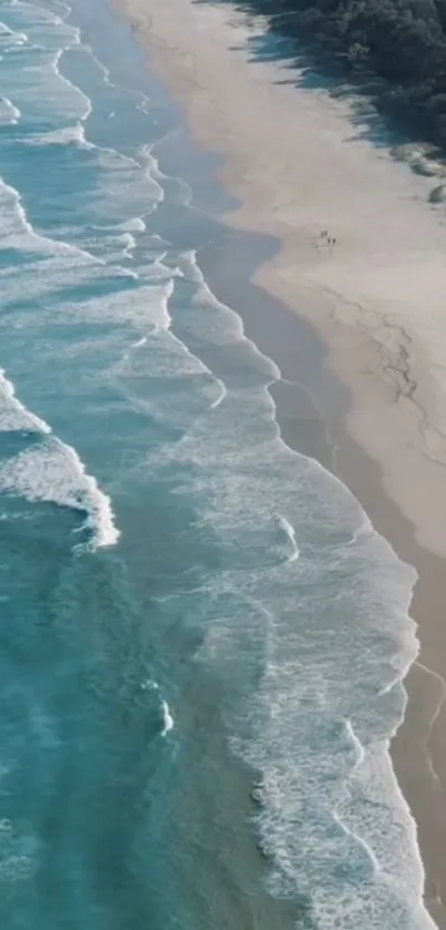 A serene beach with turquoise waves and sandy shores for a mobile wallpaper.