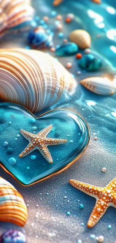 Beach-themed wallpaper with starfish and shells.