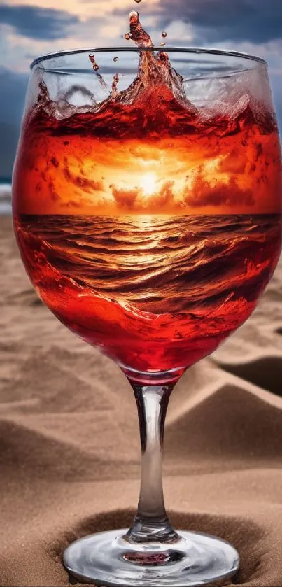 Ocean sunset in a glass, set on a sandy beach.