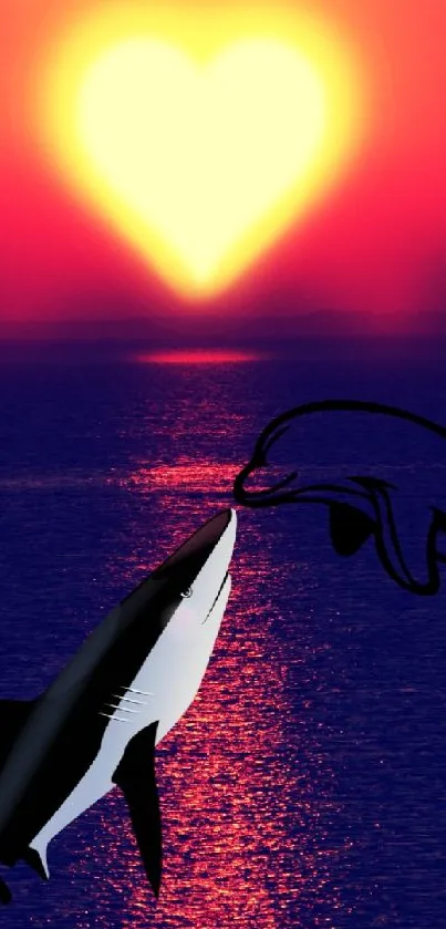 A heart-shaped sun over an ocean sunset with dolphins.