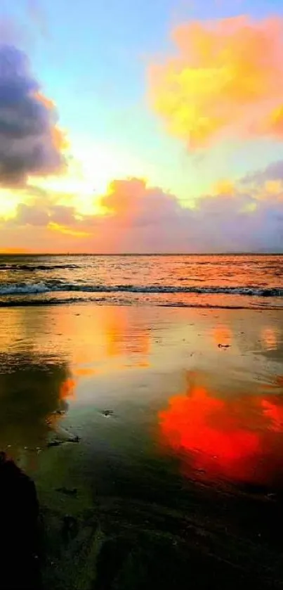 Dramatic ocean sunset with colorful reflections and clouds, ideal as wallpaper.