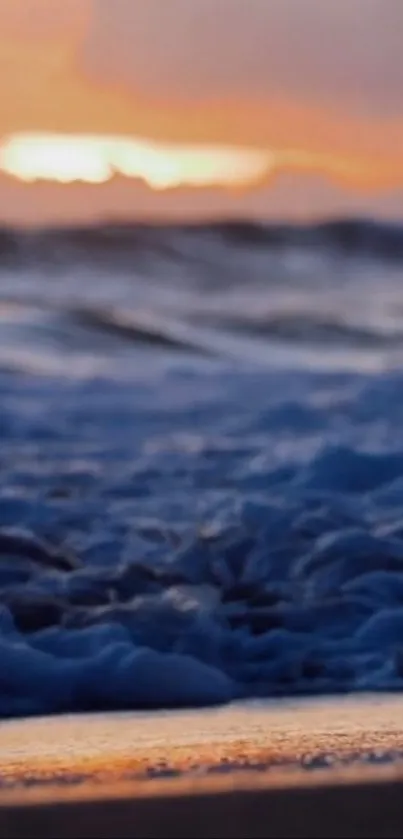 Vibrant ocean waves with sunset backdrop and glowing horizon.