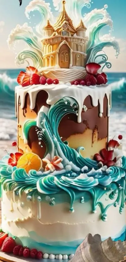 Ocean-themed cake with waves and castle atop.