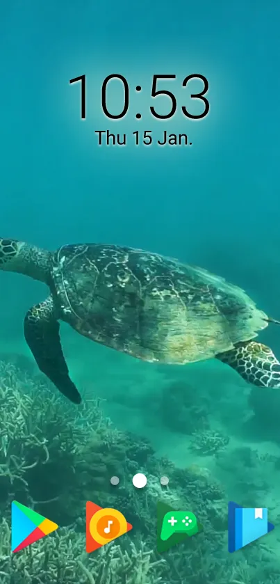 Ocean turtle swimming over coral reef wallpaper.