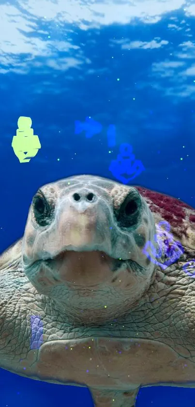 Mobile wallpaper featuring an ocean turtle in a vibrant underwater scene.