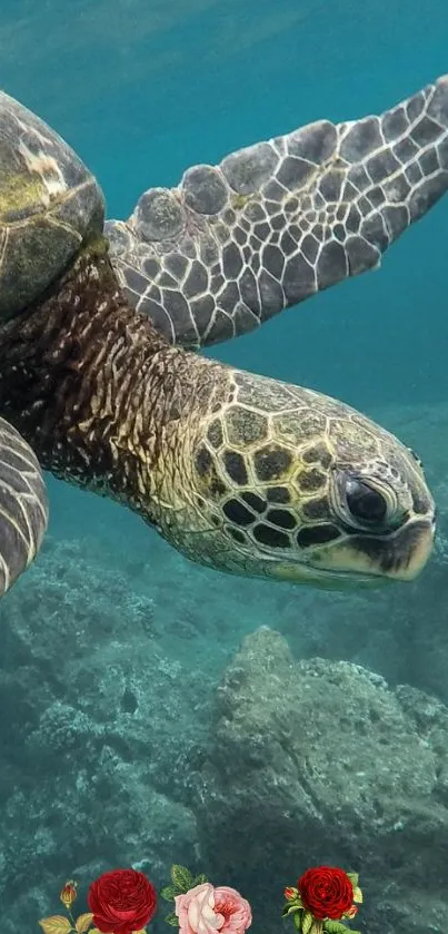 Sea turtle with flowers and emoji in ocean waters.