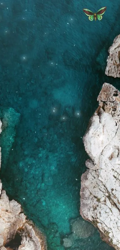 A butterfly flies above clear teal ocean waters surrounded by rocks.