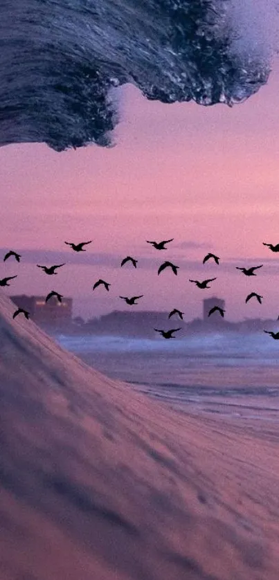 A majestic ocean wave at sunset with flying birds, ideal for phone wallpaper.