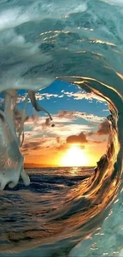 Ocean wave with sunset view through wave tunnel, capturing nature's beauty.