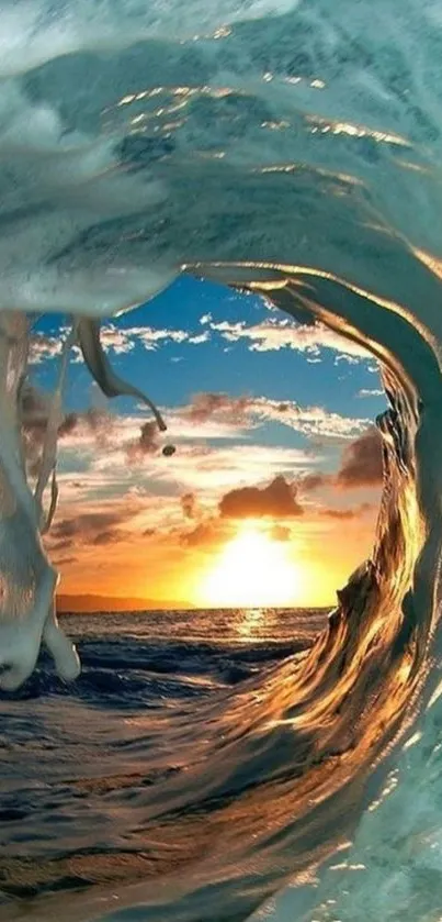 Ocean wave frames a vibrant sunset over the sea.