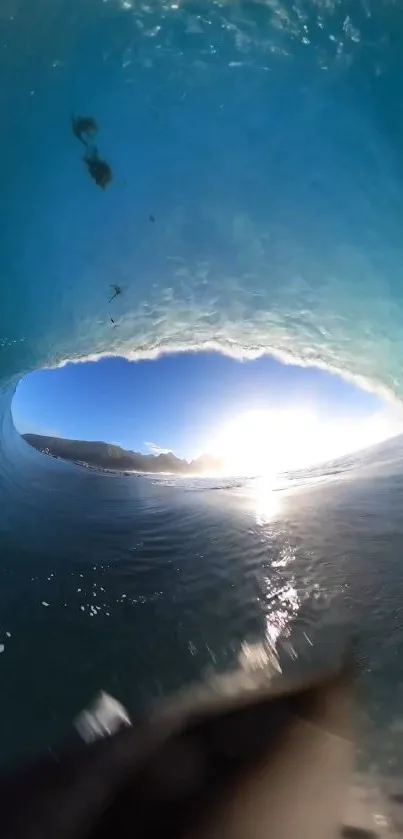 Sunlit ocean wave tunnel with serene view.