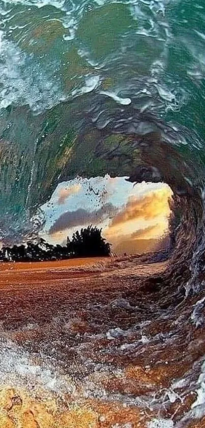 Sunset view through a wave tunnel on the beach.