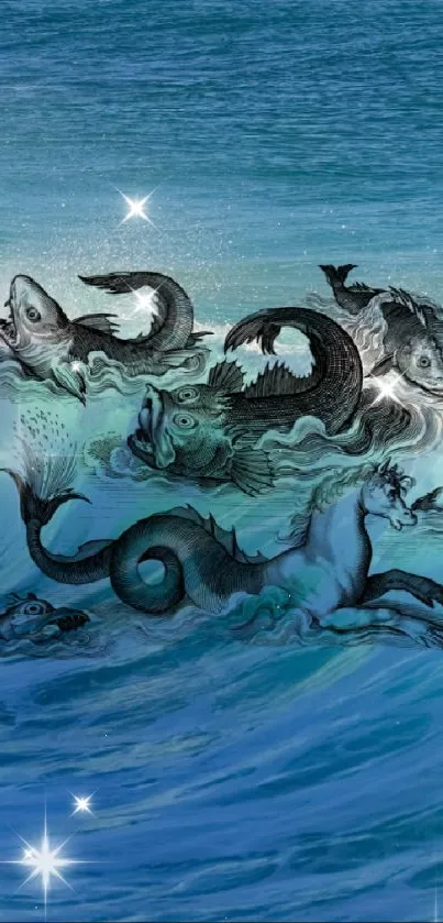 Ocean wave with mythical creatures wallpaper in teal blue.