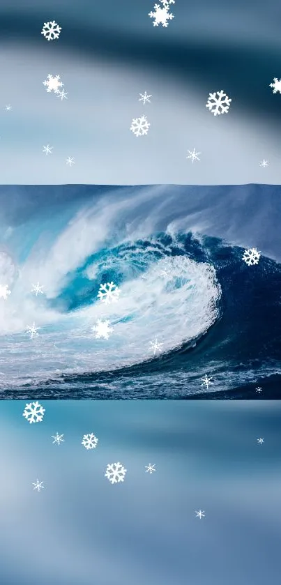 Majestic ocean wave with snowflakes on blue background wallpaper.