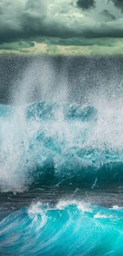 Dynamic ocean waves under dramatic clouds in a turquoise-toned wallpaper.