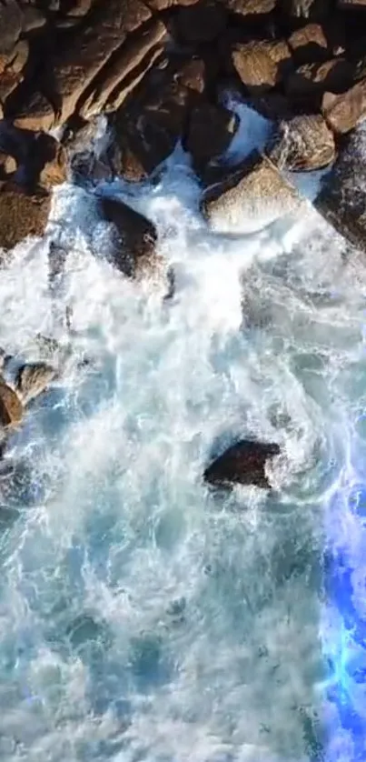 A beautiful wallpaper of ocean waves crashing on brown rocks.