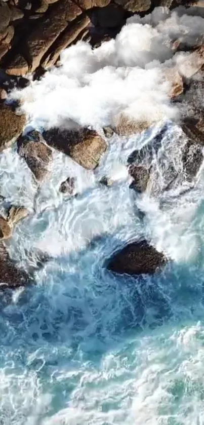 Aerial view of ocean waves crashing against rocks and cliffs.