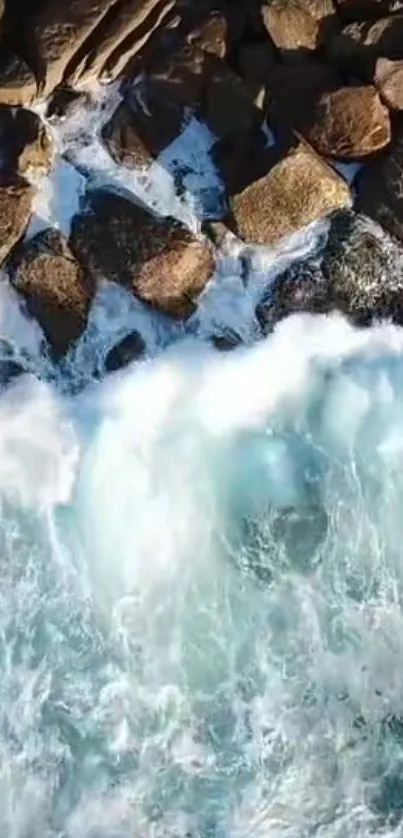 Ocean waves crashing onto rocky shore, capturing nature's dynamic beauty.