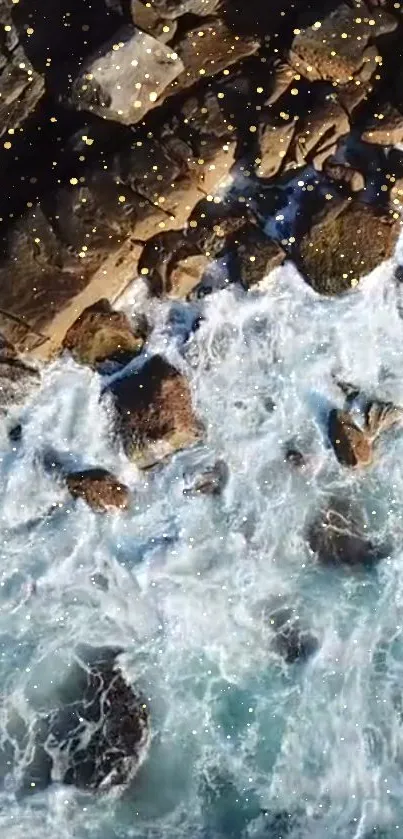 Mobile wallpaper of ocean waves crashing on a rocky shore.