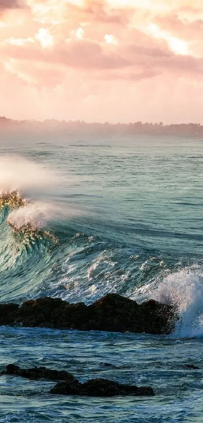 Ocean waves crashing at dawn with scenic sunrise view.