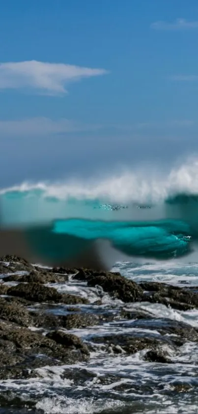 Blue ocean waves crashing on rocky shores under a clear sky.