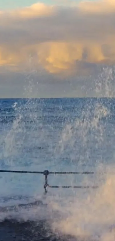 Ocean waves crashing at sunset with a dramatic sky.