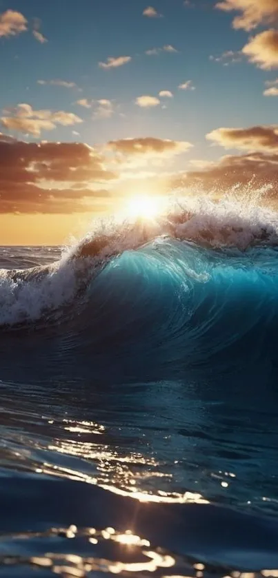 Ocean waves at sunset with vibrant colors.