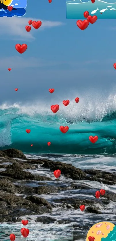 Ocean wave with heart accents mobile wallpaper.