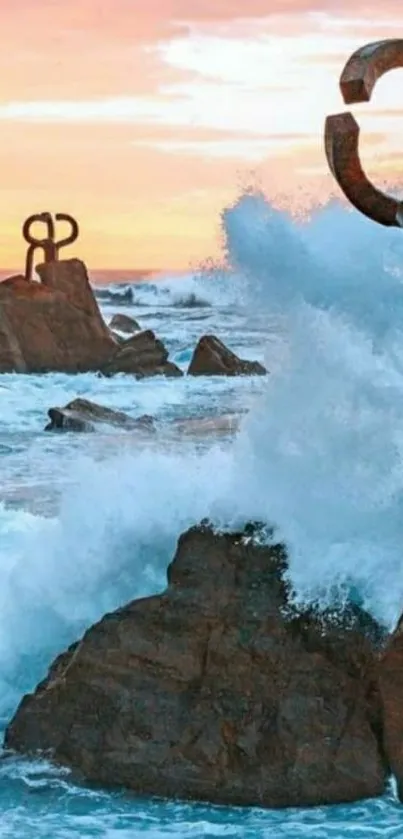 Ocean waves crash against coastal rock sculptures at sunset.