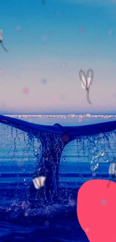 Whale tail splashing in ocean with floating hearts and blue background.