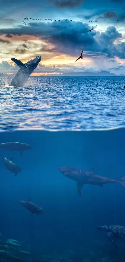 Majestic whales and marine life in vibrant ocean scene.