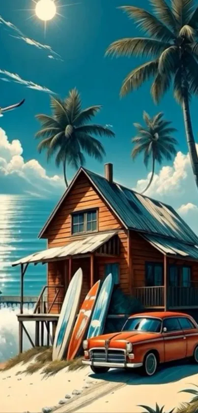 Beach house with surfboards and car under palm trees by the ocean.